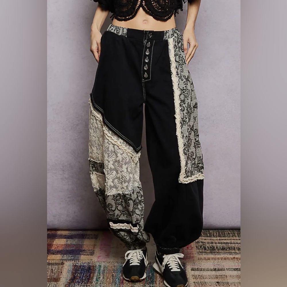 POL Black & Cream Wide Leg Patchwork Pants